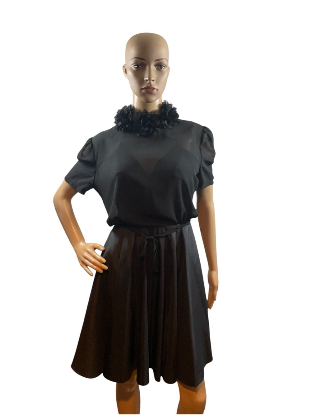 Rene Ruiz Black Circle Skirt Dress with Floral Collar